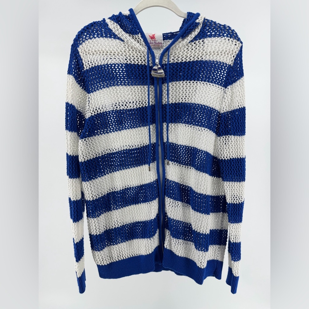 Quacker Factory Blue White Striped Open Knit Hooded Zip-Up Cardigan, Women's 1X
